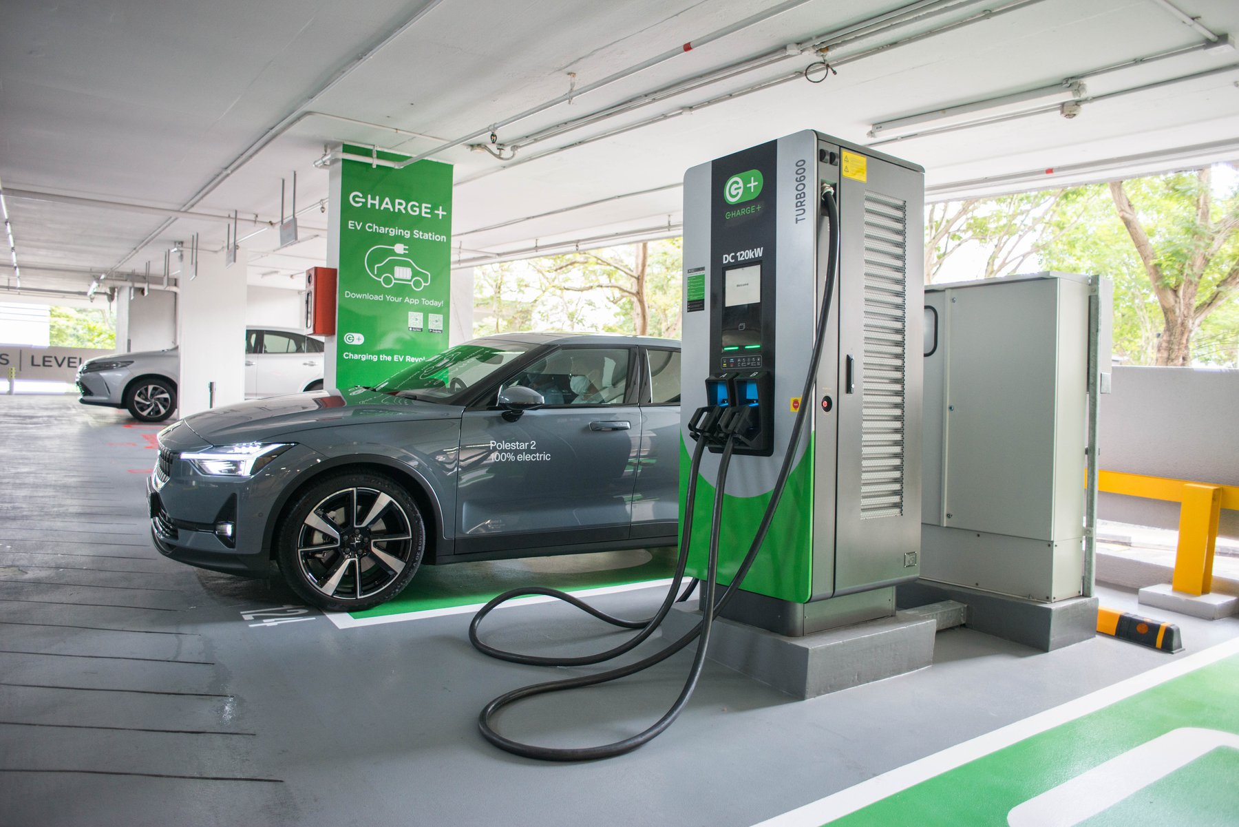 Electric Car Charging Station in Parking Lot